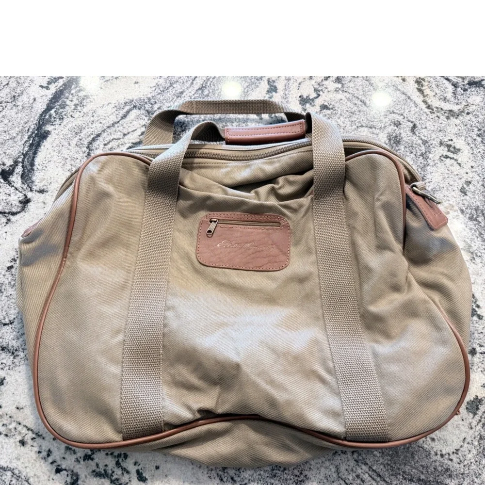 Eddie Bauer Vintage Canvas Leather Trim‎ Duffle Bag Tan Weekend Travel Carry On